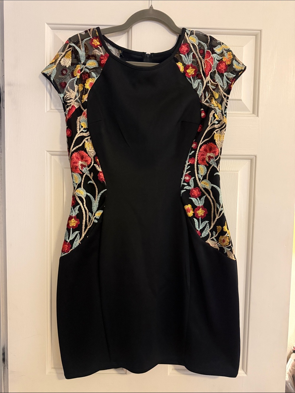 BCX Black Mini Dress with Multicolor Floral Embroidery